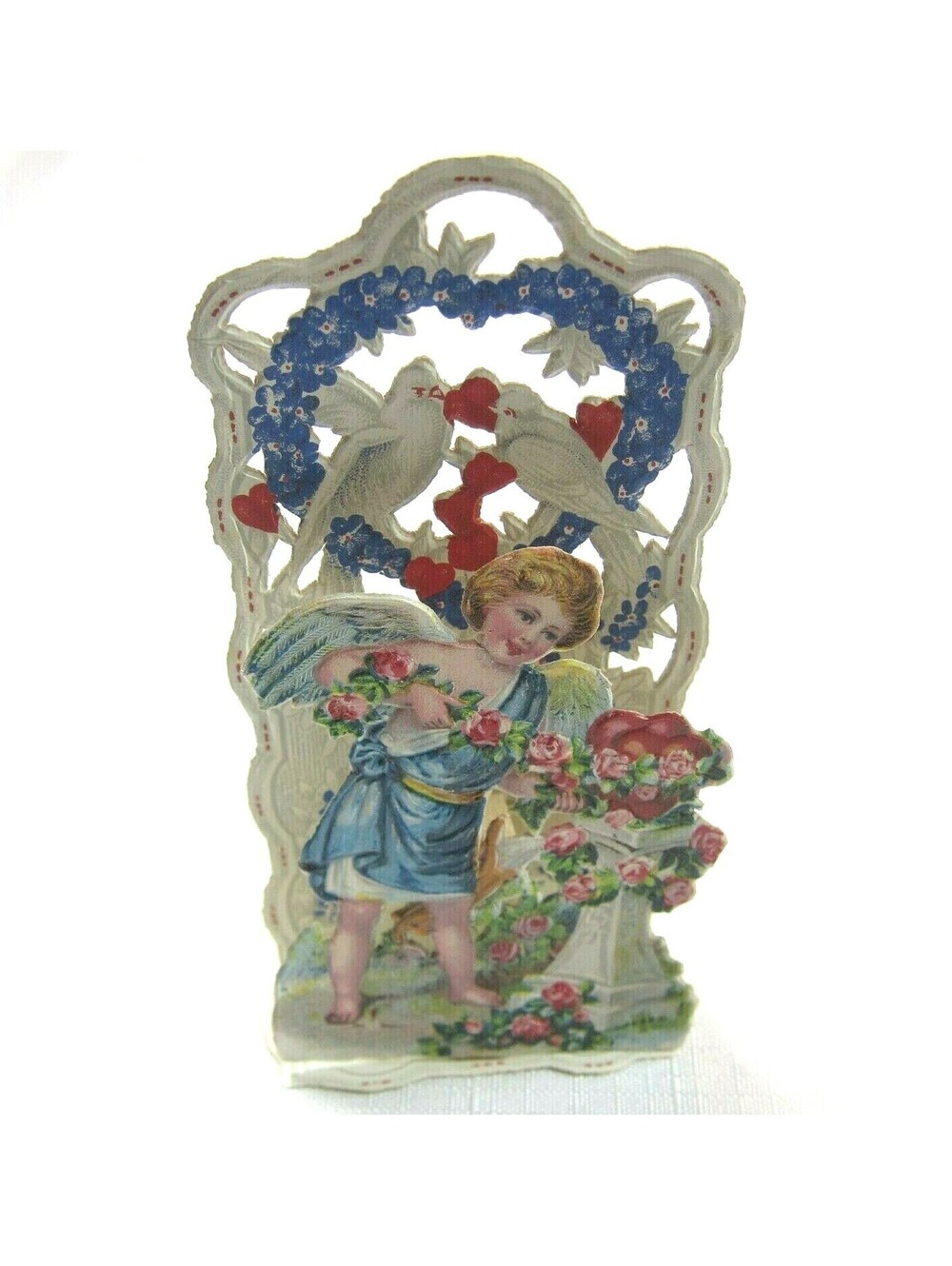 Vintage Valentine 1929 Pull Down Die Cut Stand Up Angel Flowers Doves Germany